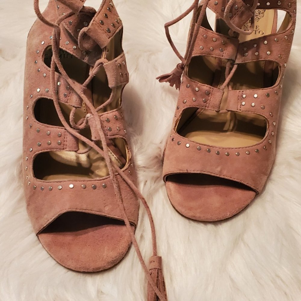 Vince Camuto Suede Heeled Lace Up Sandals 8.5 /38.5